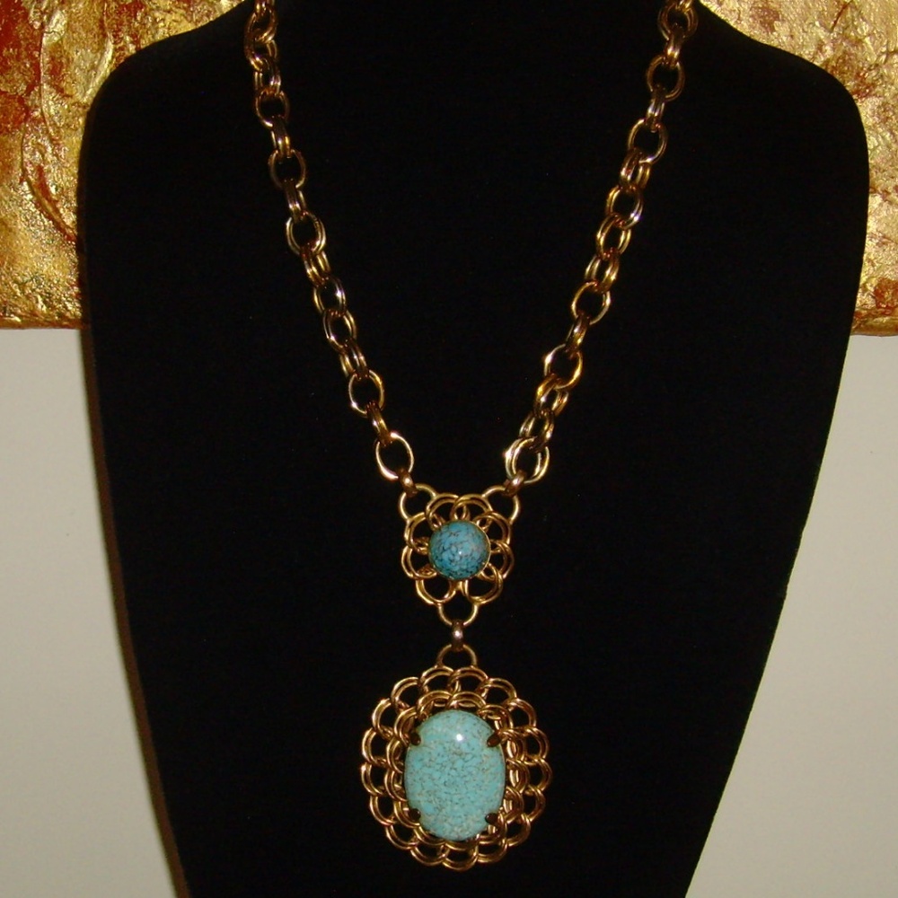 Vintage Gold-Tone and Faux Turquoise Pendent Statement Necklace